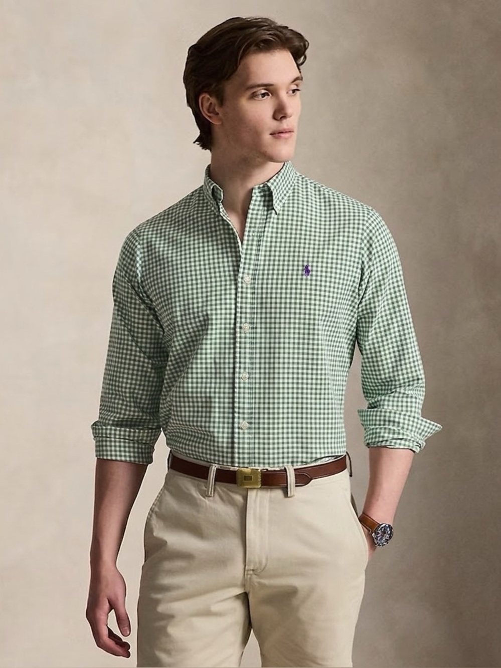 RALPH LAUREN Men's Classic Fit Cotton Gingham Shirt - Green/ White, XL